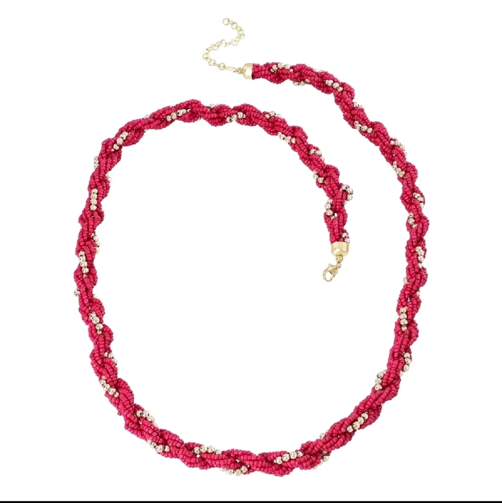 Fuchsia Glass Seed Beaded Necklace (30 Inches) in Goldtone